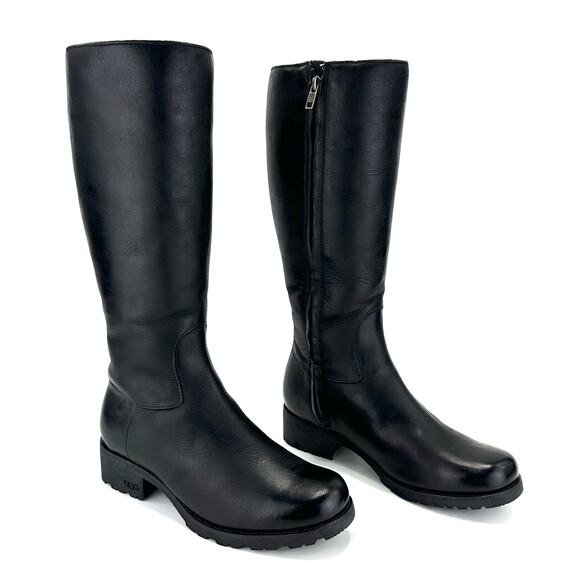 UGG Australia Winter Knee High Tall Riding Boot Sz 8.5 Black Leather Wool Lining - Picture 1 of 13